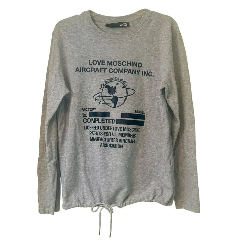 Love Moschino Aircraft Print Shirt Mens L Gray Long Sleeve Sweatshirt Pullover - Picture 2 of 12
